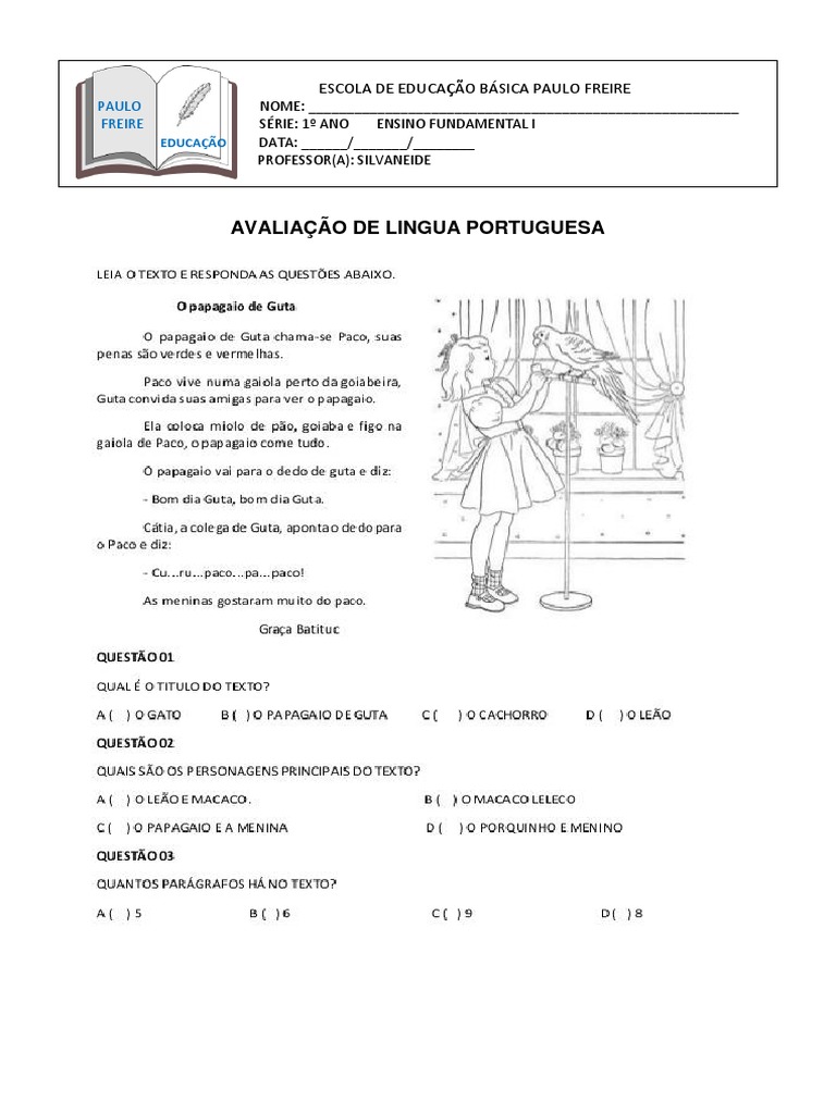 Avaliação de Lingua Portuguesa 1 Ano | PDF
