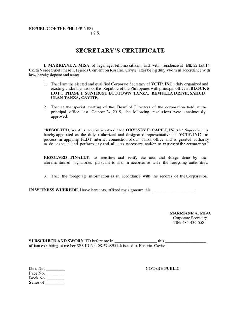 Secretary Certificate for Authorized Rep | PDF