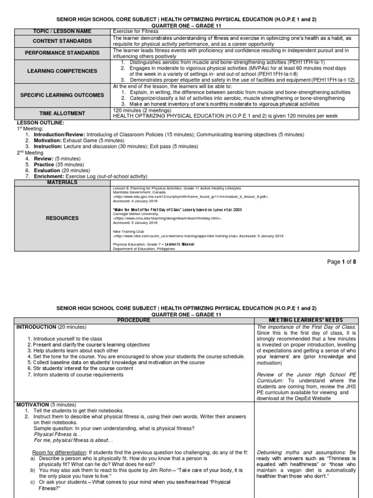 Grade 11 Health Optimizing PE Syllabus | PDF | Physical Fitness ...