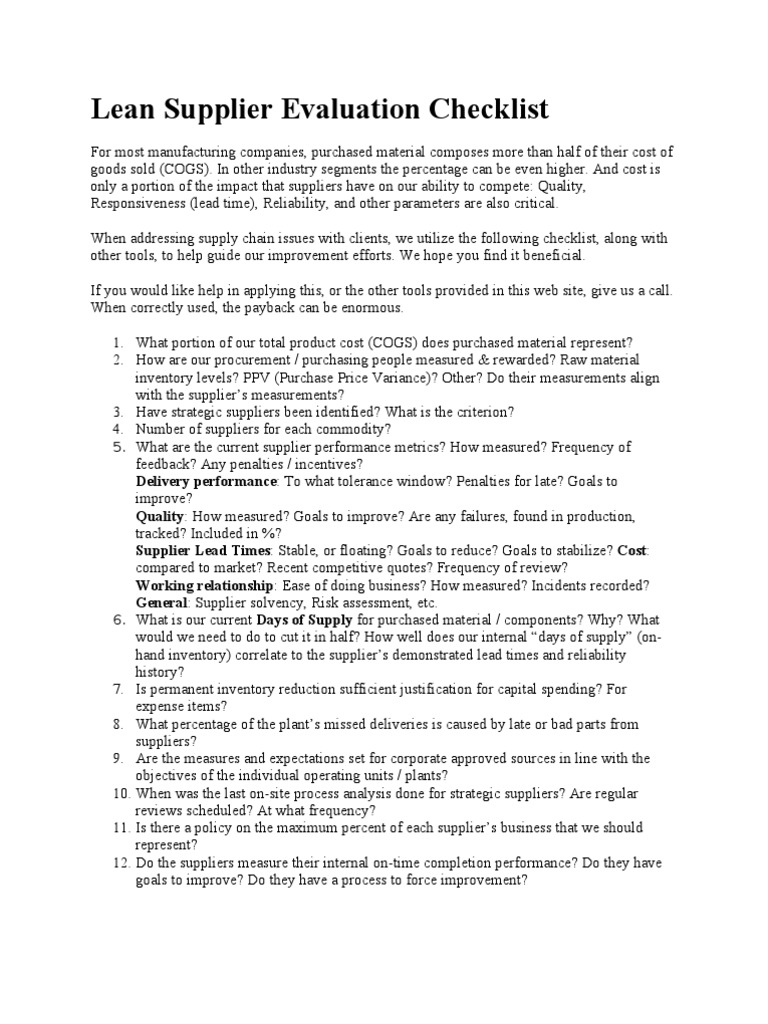 Lean Supplier Evaluation Checklist | PDF | Supply Chain | Procurement