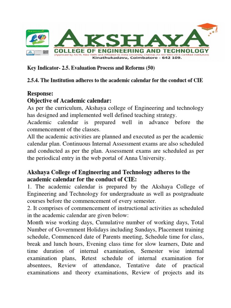 2.5.4 The Institution Adheres The Academic Calendar For The Conduct of CIE  SHARED | PDF | Academic Term | Test (Assessment)