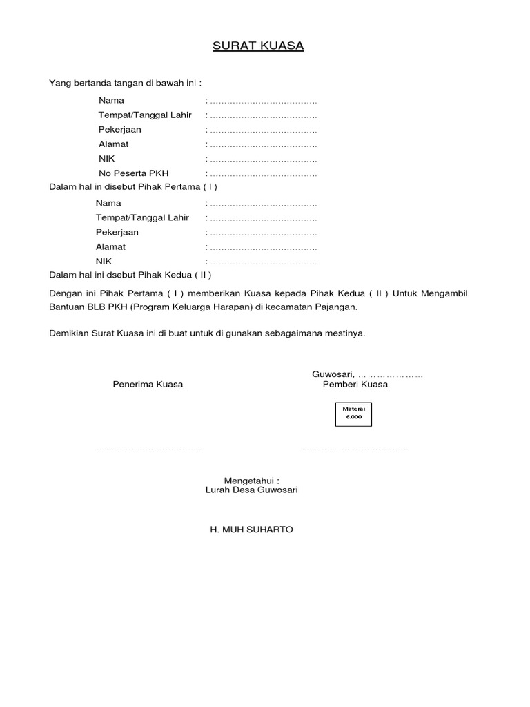 Surat Kuasa Pengambilan Pkh Pdf