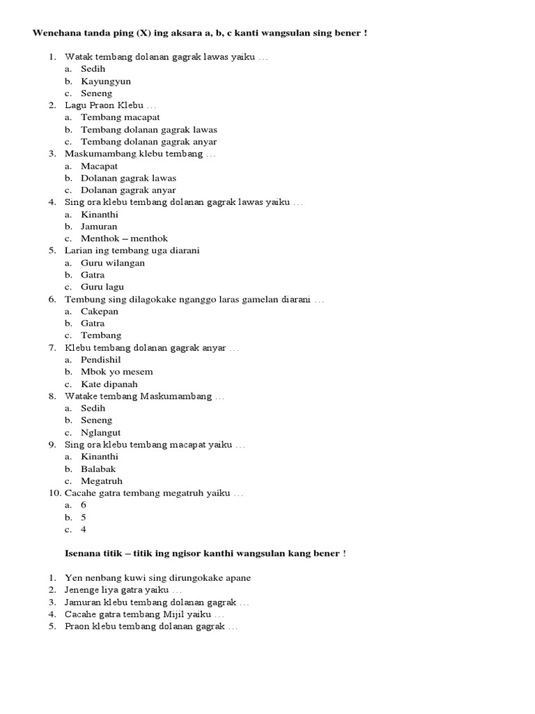 Soal Tembang Jawa Kelas 2