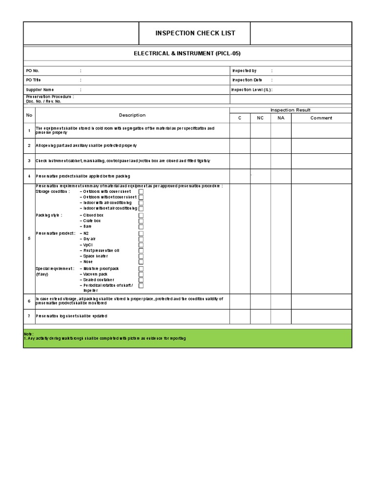 Electrical Preservation Inspection Checklist | PDF | Mechanical ...