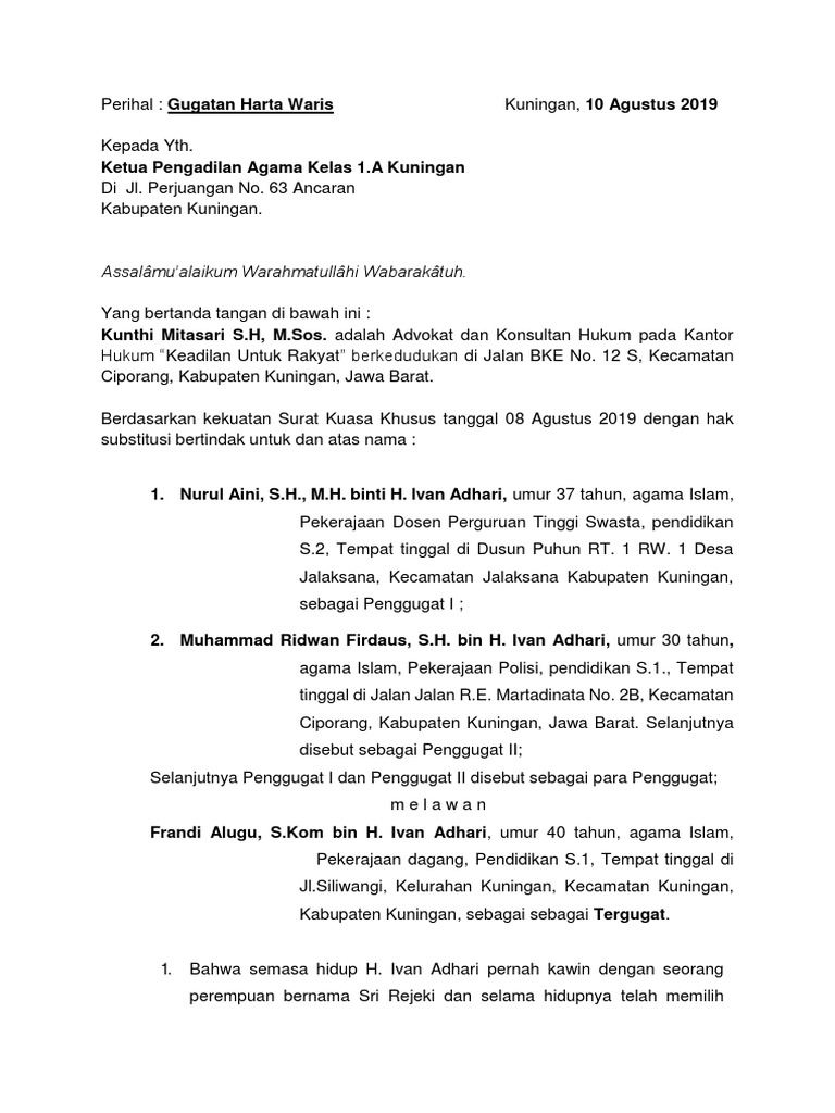 Surat Gugatan Harta Waris