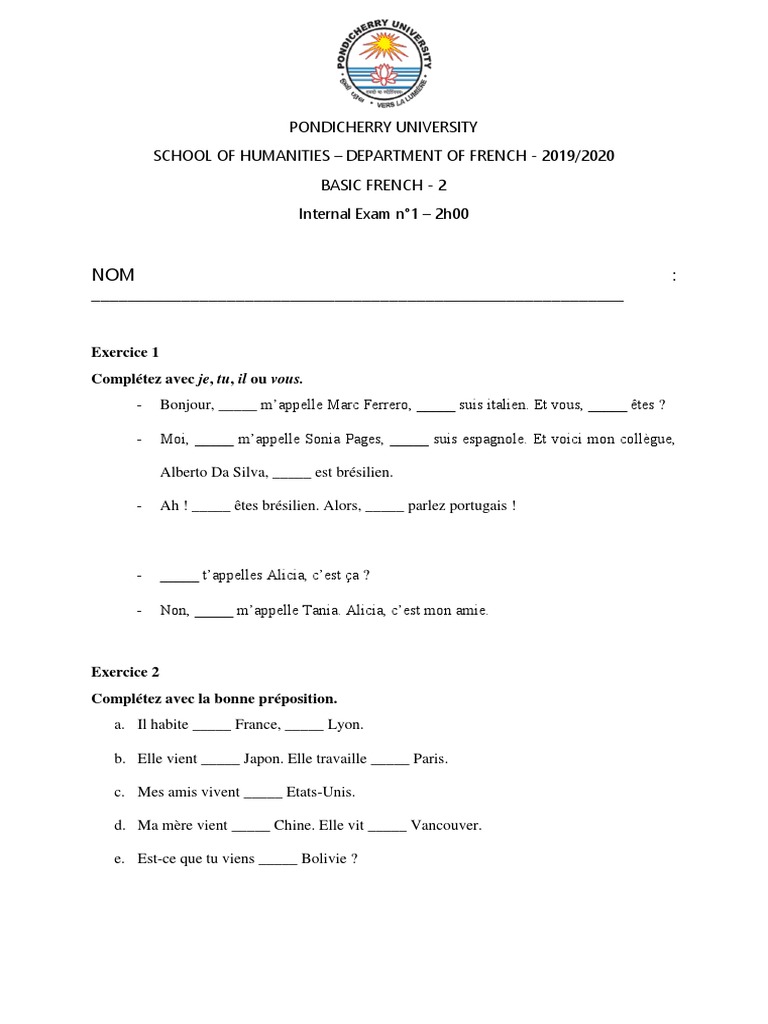 Examen de Français Débutant | PDF