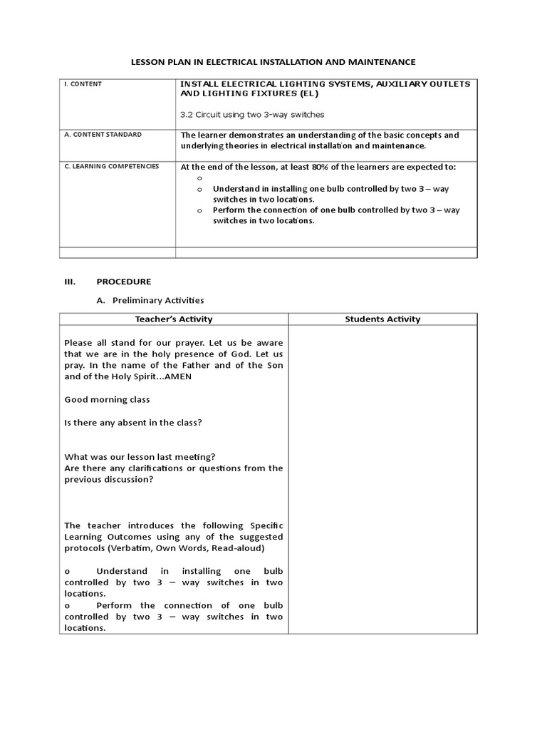 Lesson Plan in Electrical Installation and Maintenance | PDF | Switch ...