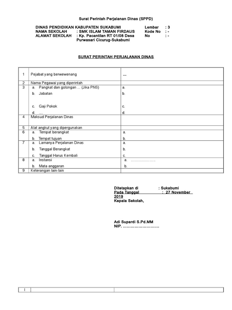 Format Sppd Surat Perintah Perjalanan Dinas Sekolah