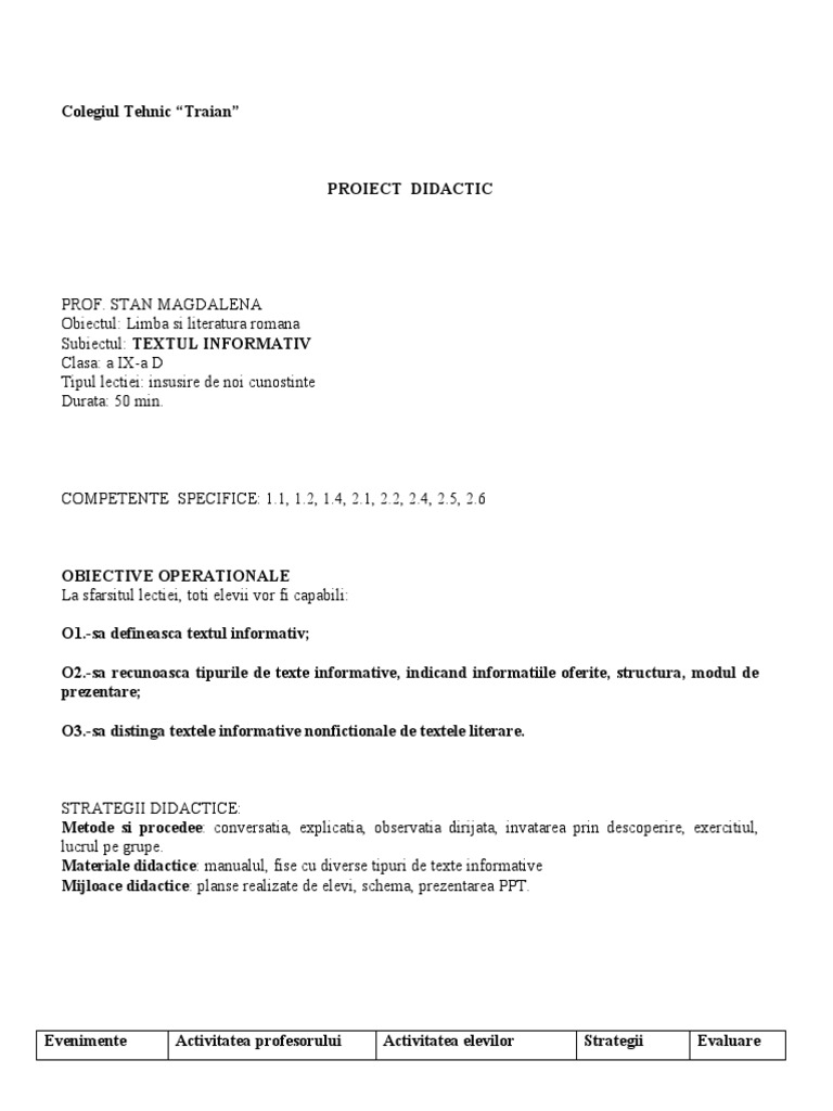 Proiect Textul Informativ | PDF