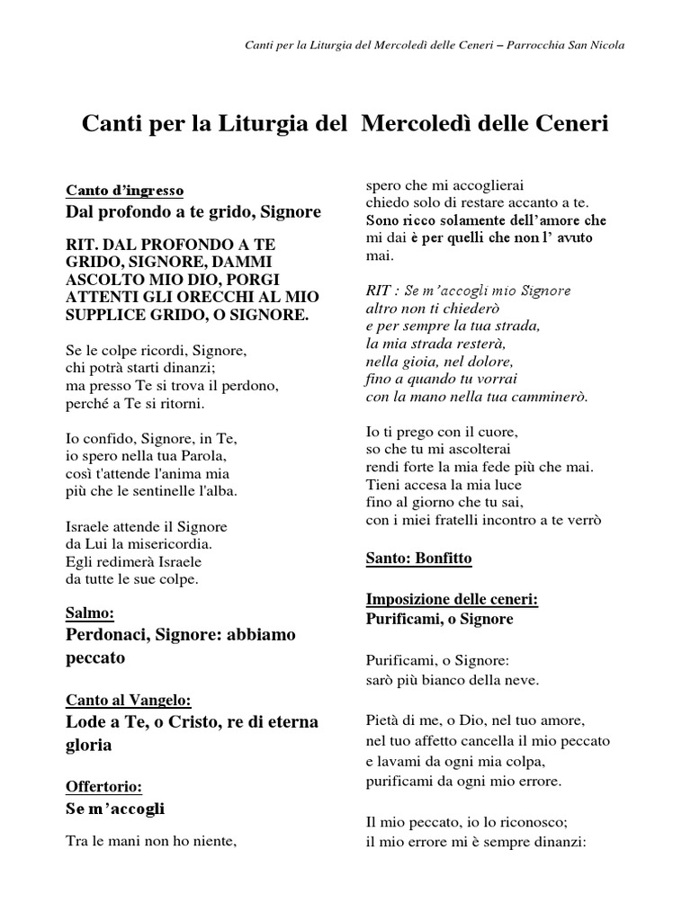 Canti Per La Liturgia Del Mercoledì Delle Ceneri PDF