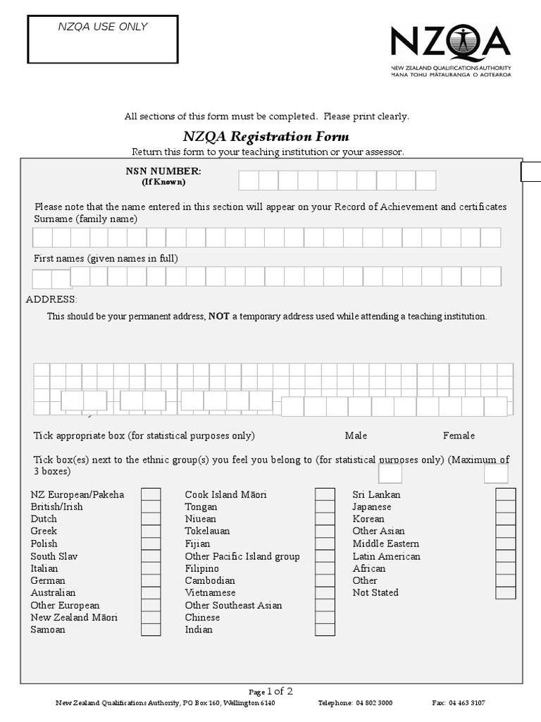 Nzqa registration form download free pdf new zealand ethnicity