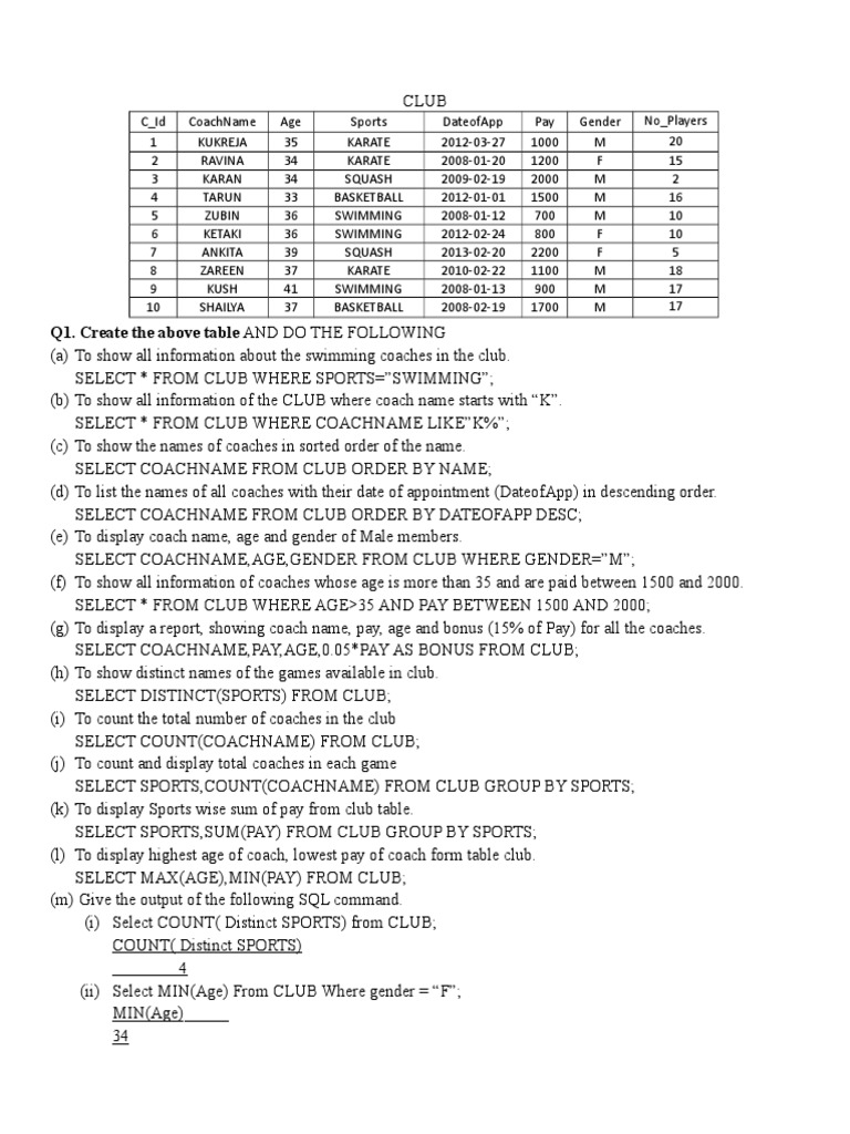 Analysis of sports club data through SQL queries PDF Data Management Databases