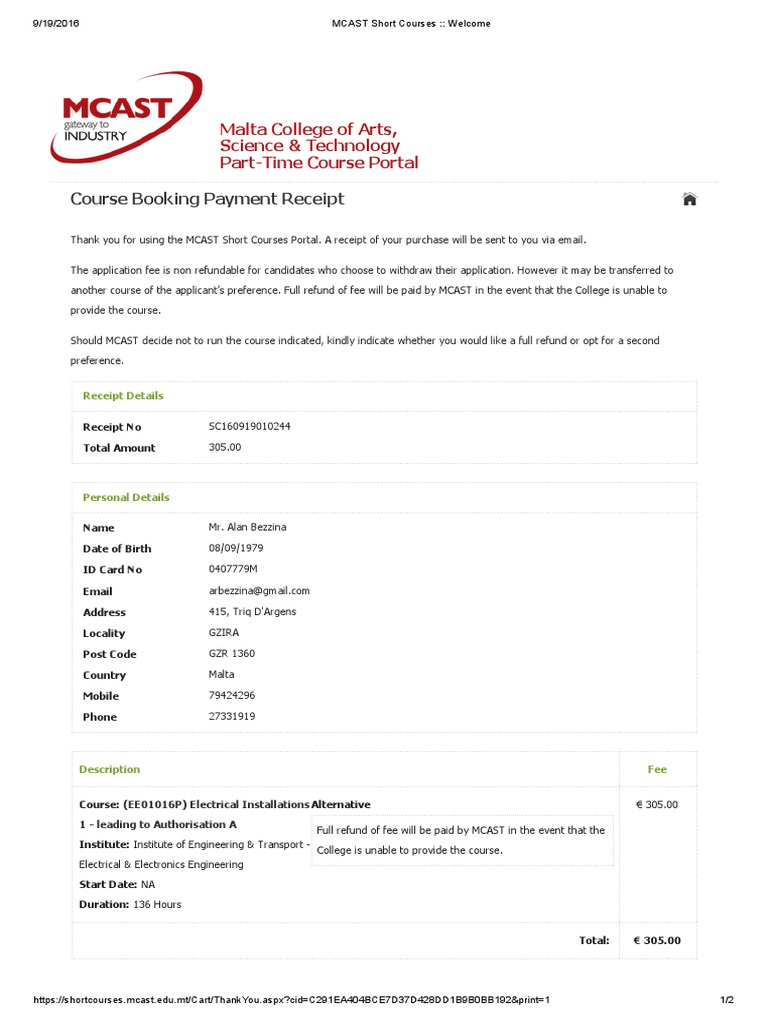 MCAST Short Courses License A PDF Receipt Business