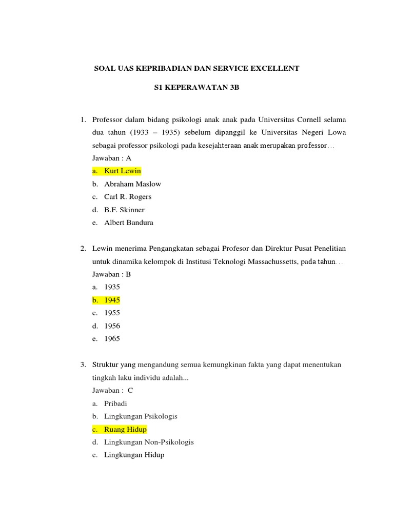 Soal Uas Kepribadian Dan Service Excellent S1 Keperawatan 3b Pdf