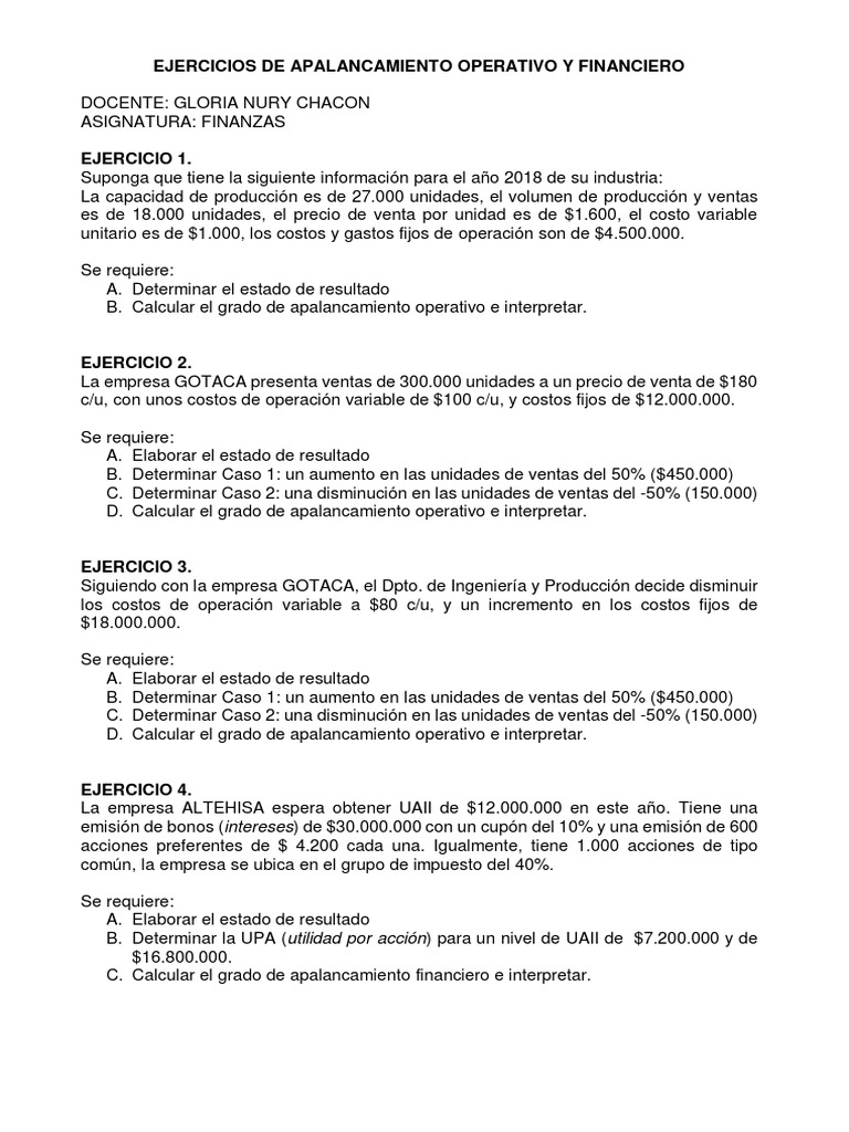 Ejercicios de Apalancamiento Financiero y Operativo | PDF