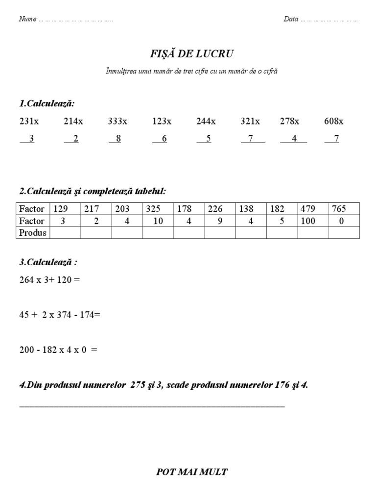 Fisa Inmultirea Unui Nr De O Cifra Cu Un Nr De 3 Cifre
