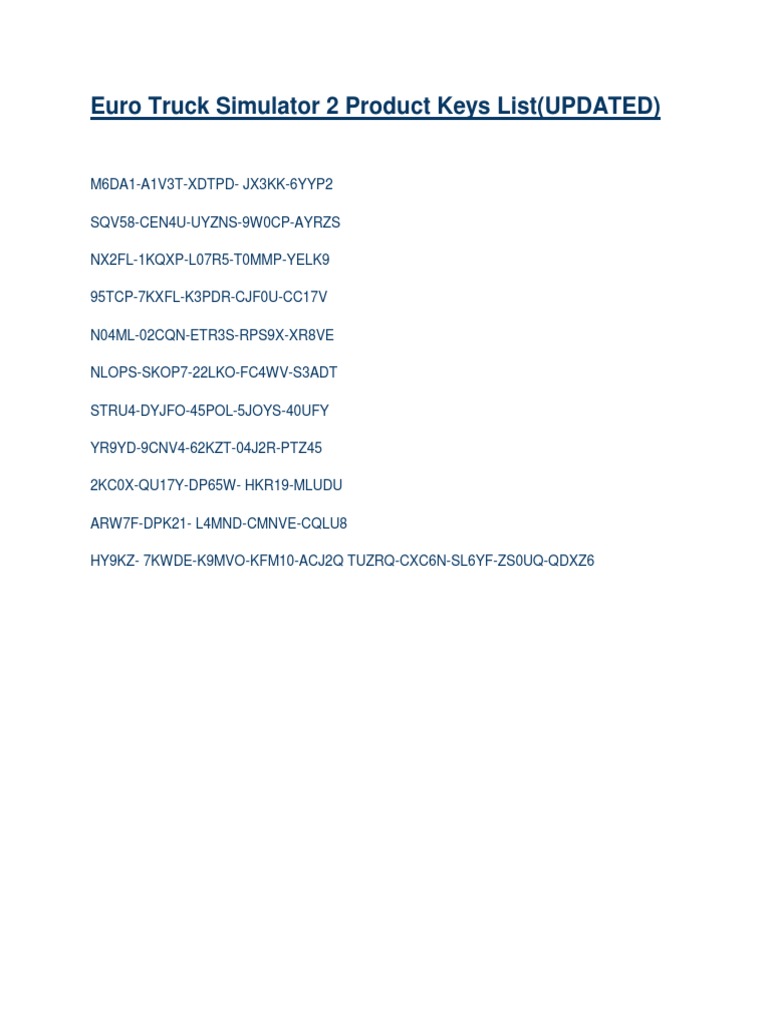 Euro Truck Simulator 2 Product Keys List