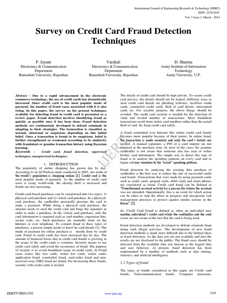 Survey On Credit Card Fraud Detection Techniques IJERTV3IS031593 PDF ...