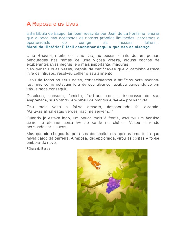 A Raposa e as Uvas: Moral da Fábula | PDF