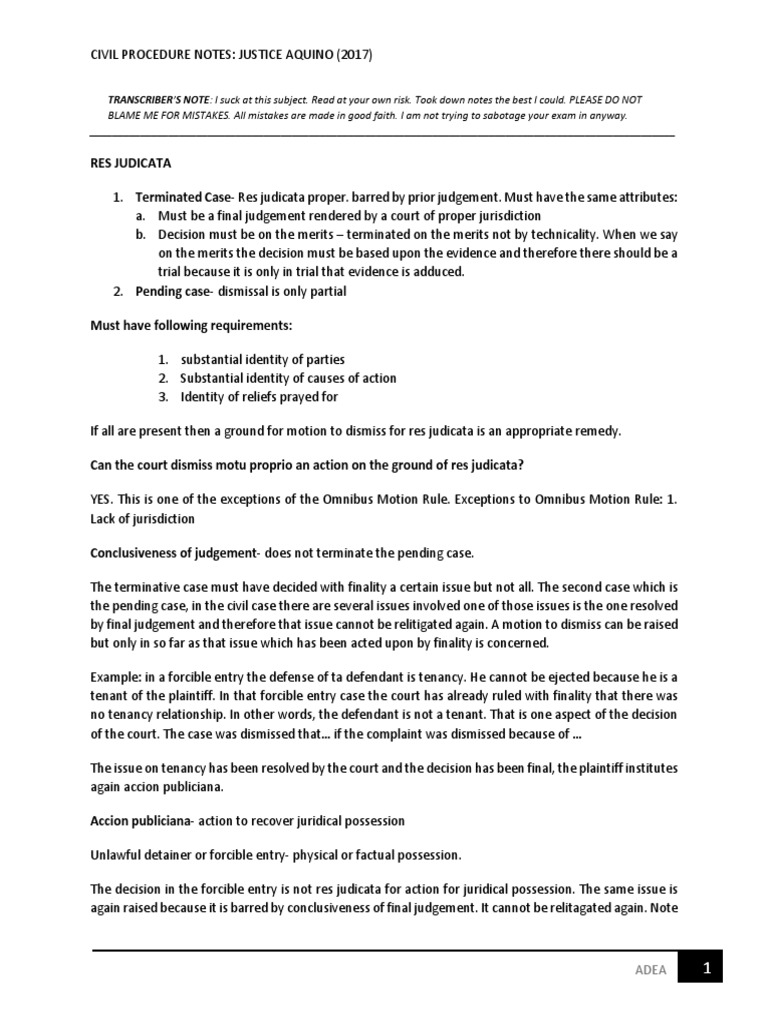 Civil Procedure Notes Compiled - Justice Aquino - 2017 | PDF ...