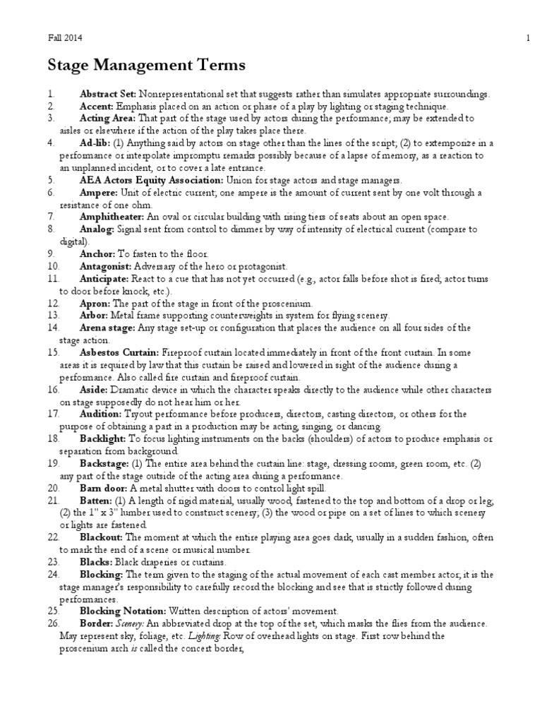 Stage Management Terms Explained PDF Theatre Performing Arts