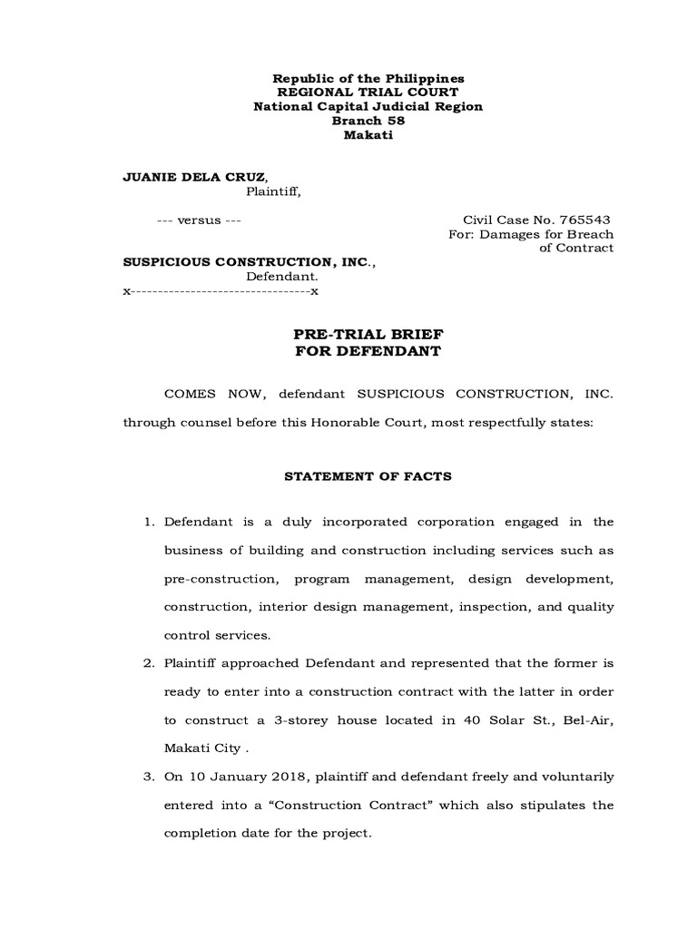 PreTrial Brief Breach of Contract PDF Discovery (Law) Damages
