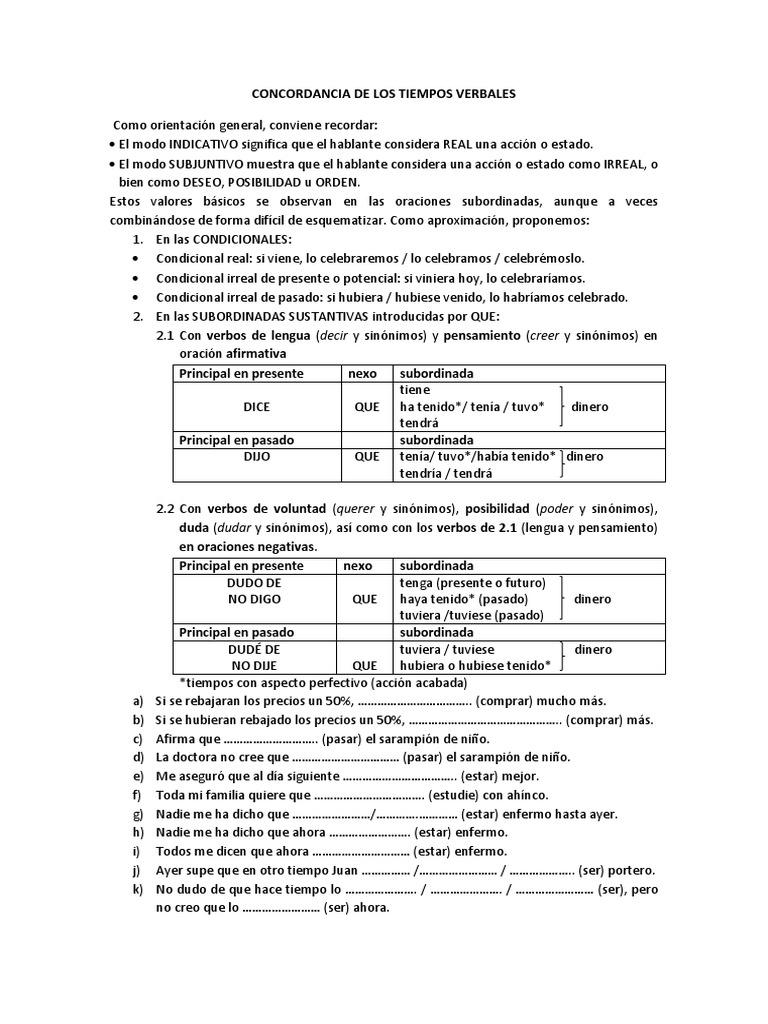 Hojas De Trabajo Sobre Concordancia De Tiempos Verbales Concordancia