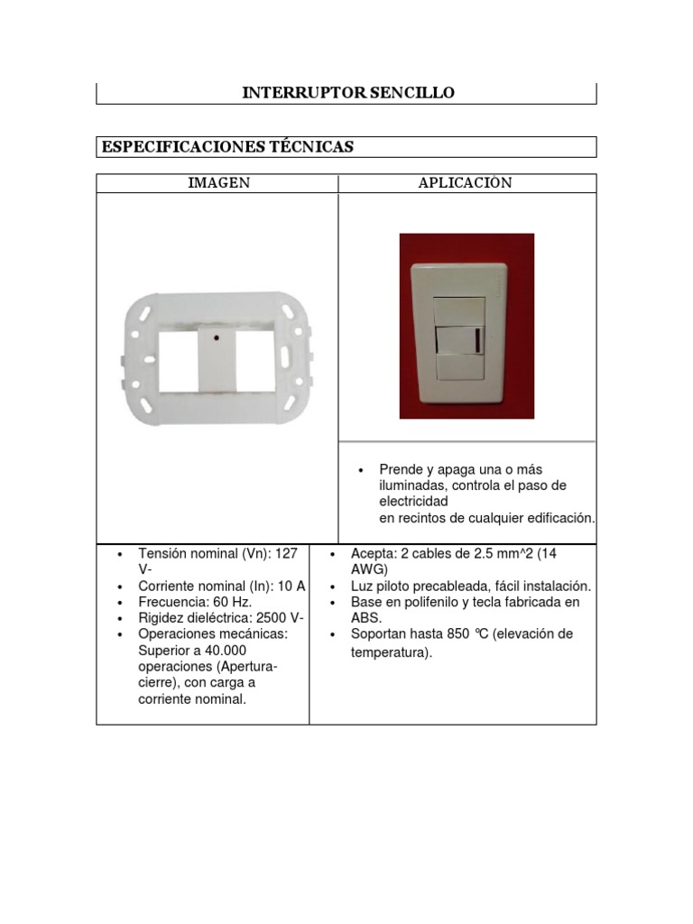 Especificaciones de Interruptor Sencillo | PDF