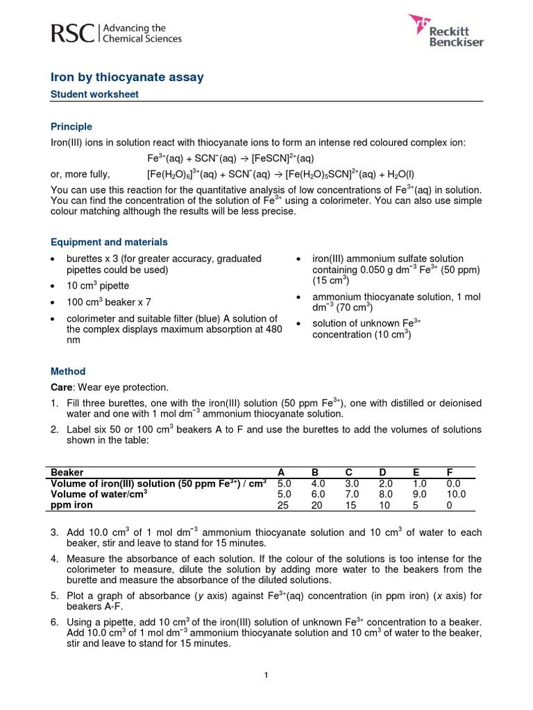 Iron(III) Thiocyanate Assay Procedure | PDF | Concentration | Iron