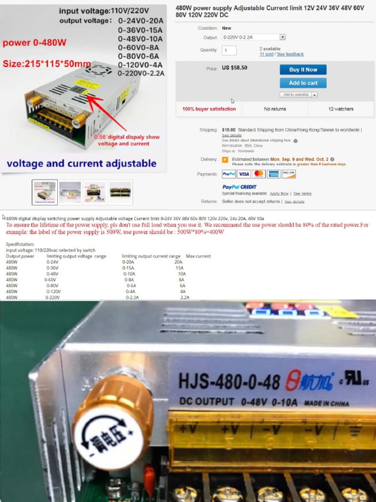 HJS4800220 480W Switching Power Supply Instructions PDF Power