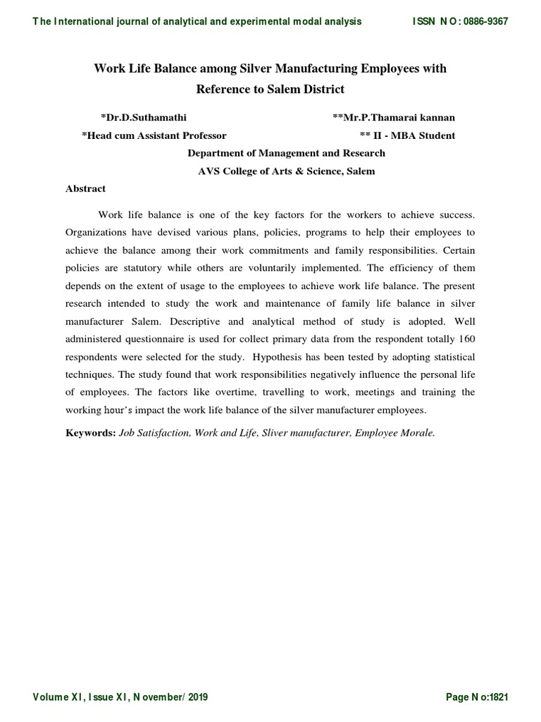 Work-Life Balance Among Silver Manufacturer Employee With Reference ...