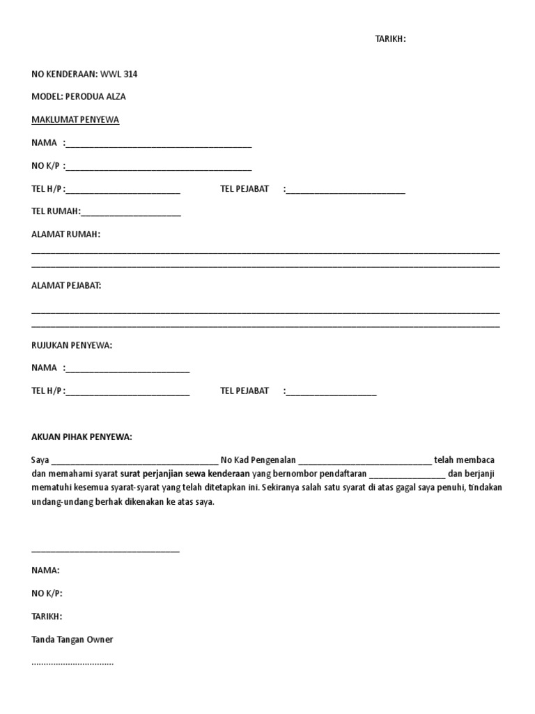 Surat Perjanjian Sewa Kereta | PDF
