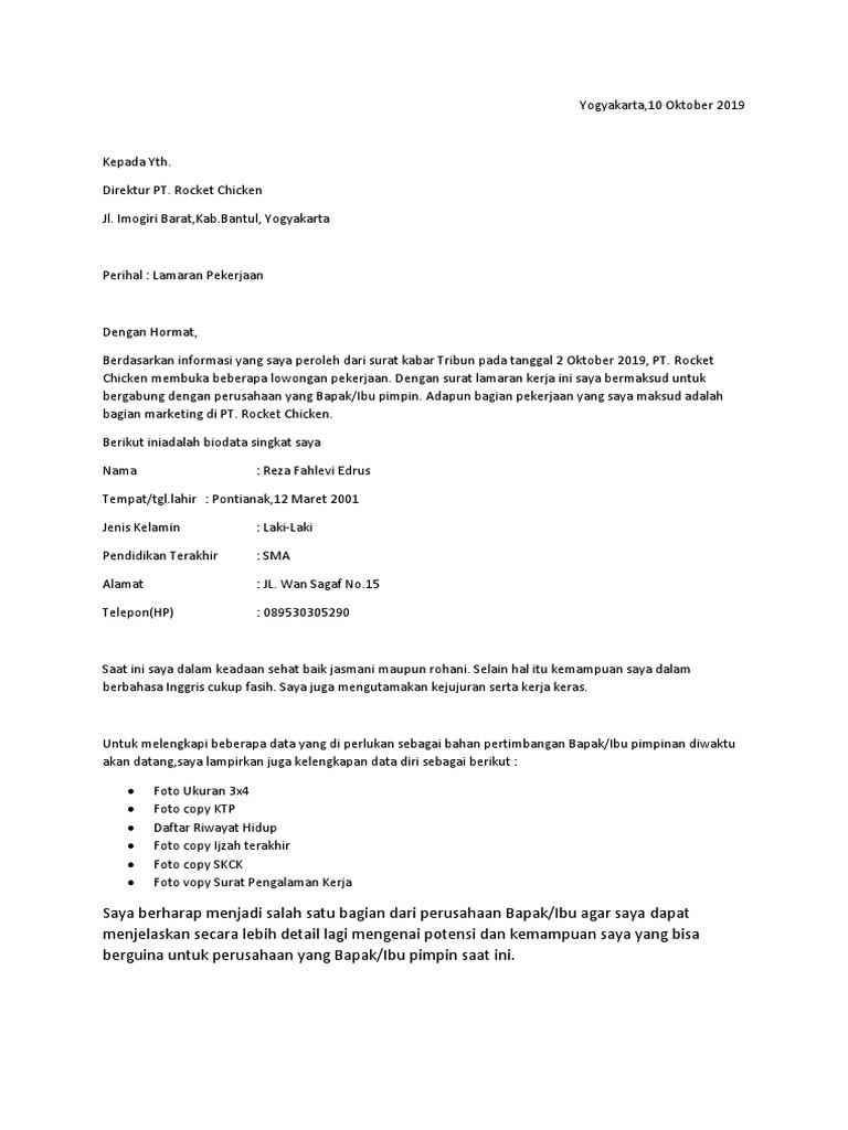 Surat Lamaran Kerja Reza