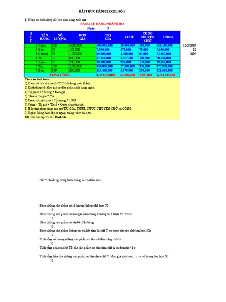 Cac Bai Tap Excel Tu Co Ban Toi Nang Cao | PDF
