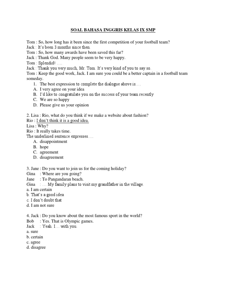 Soal Agreement Disagreement Kelas 9