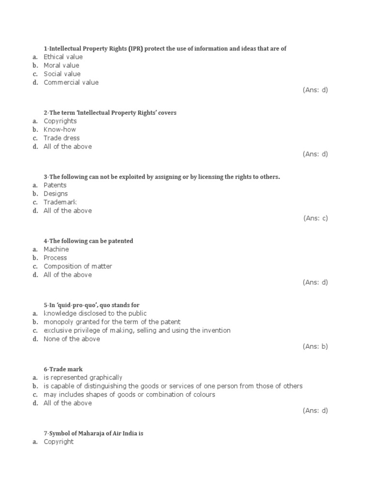 MCQs PDF Intellectual Property Patent