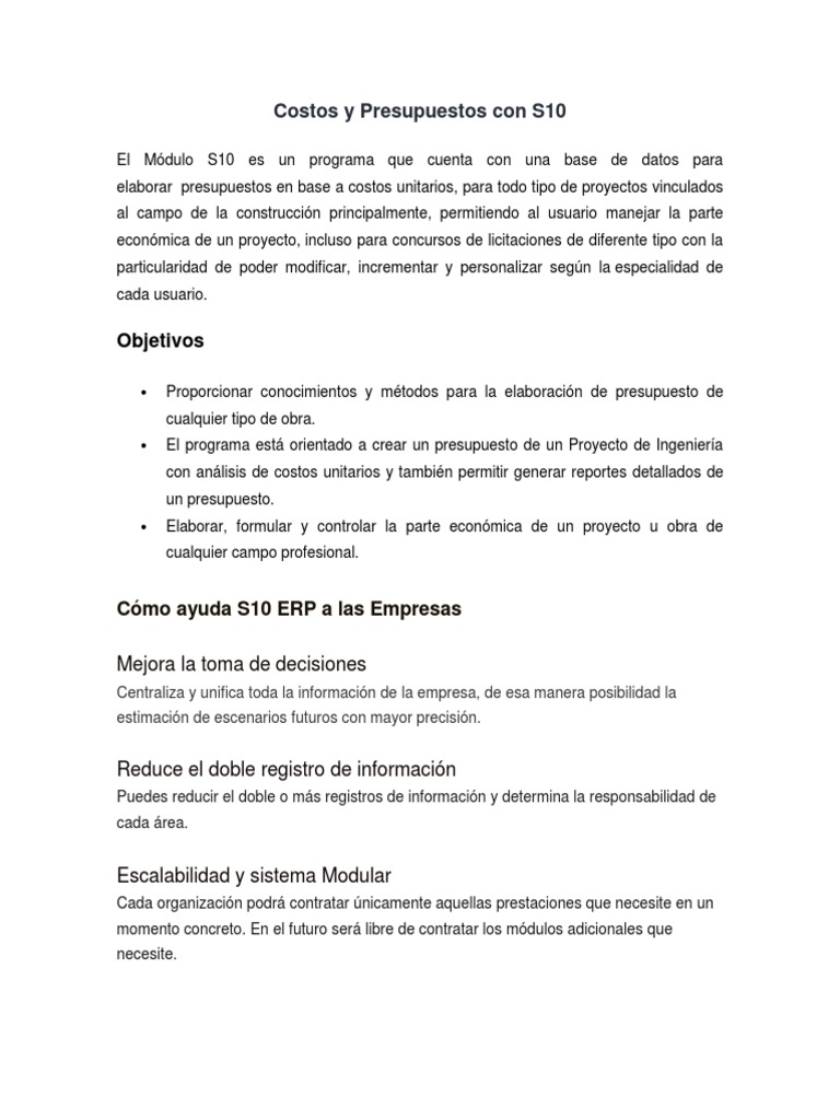Costos y Presupuestos Con S10 | Descargar gratis PDF | Planificación de ...