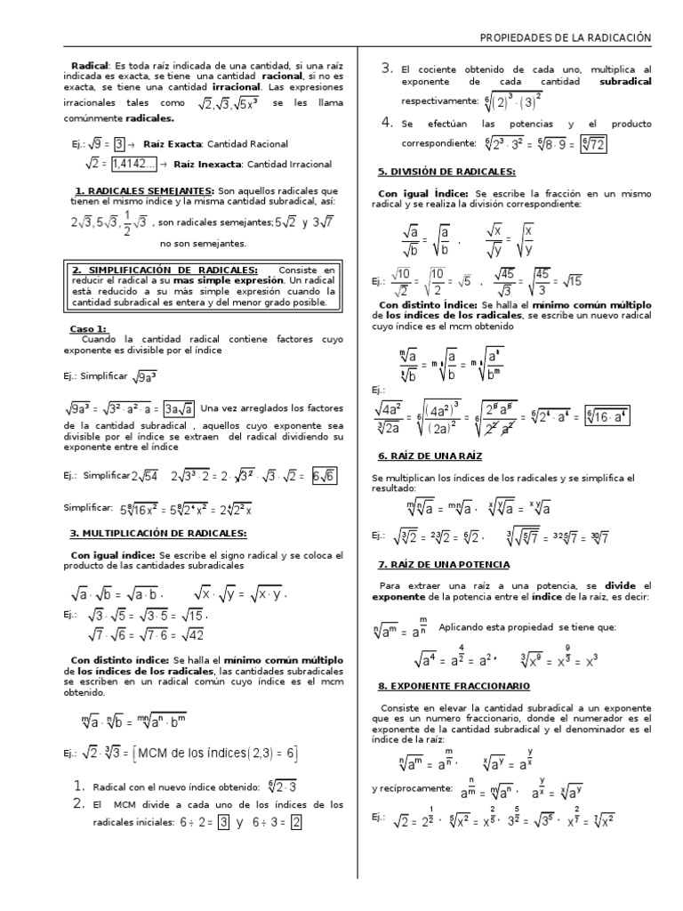 Propiedades De La Radicacion Pdf Pdf Fracción Matemáticas