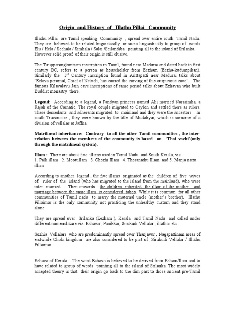 History of Illathu Pillai Community | PDF | Kerala