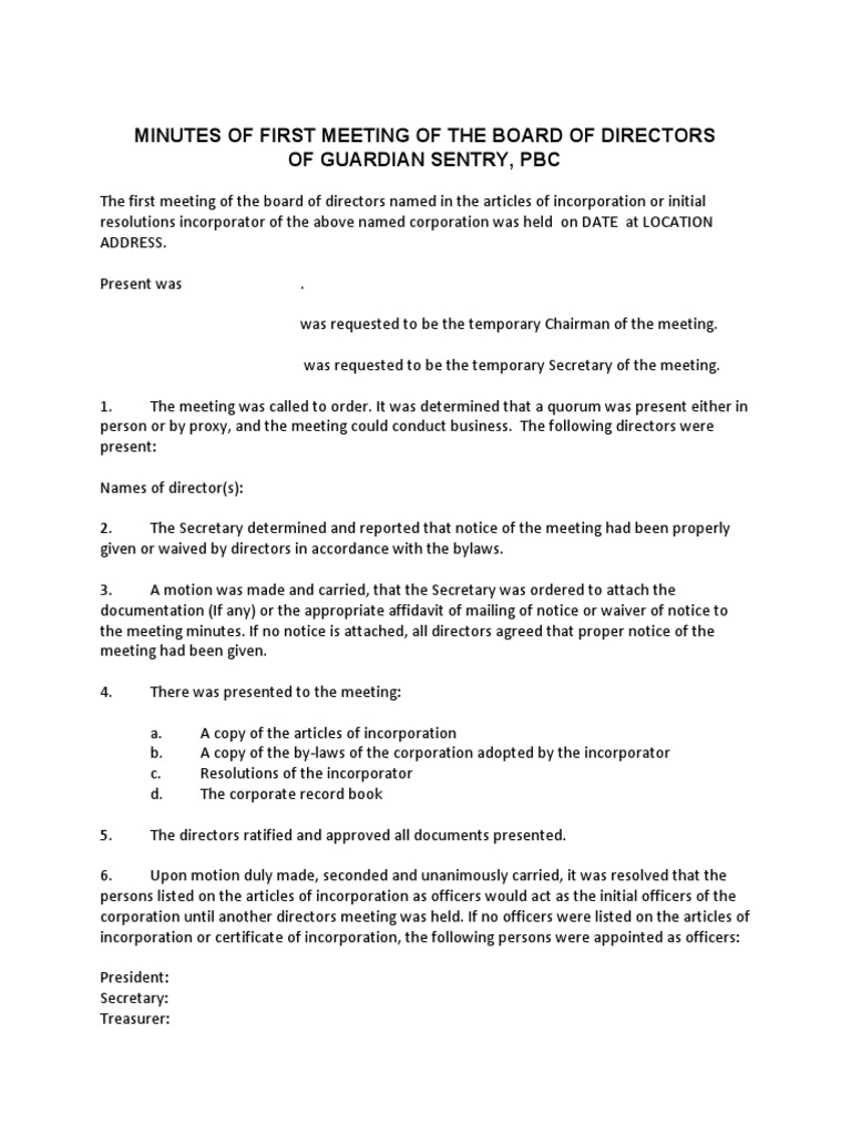 Initial Directors Meeting | PDF | Board Of Directors | Corporations