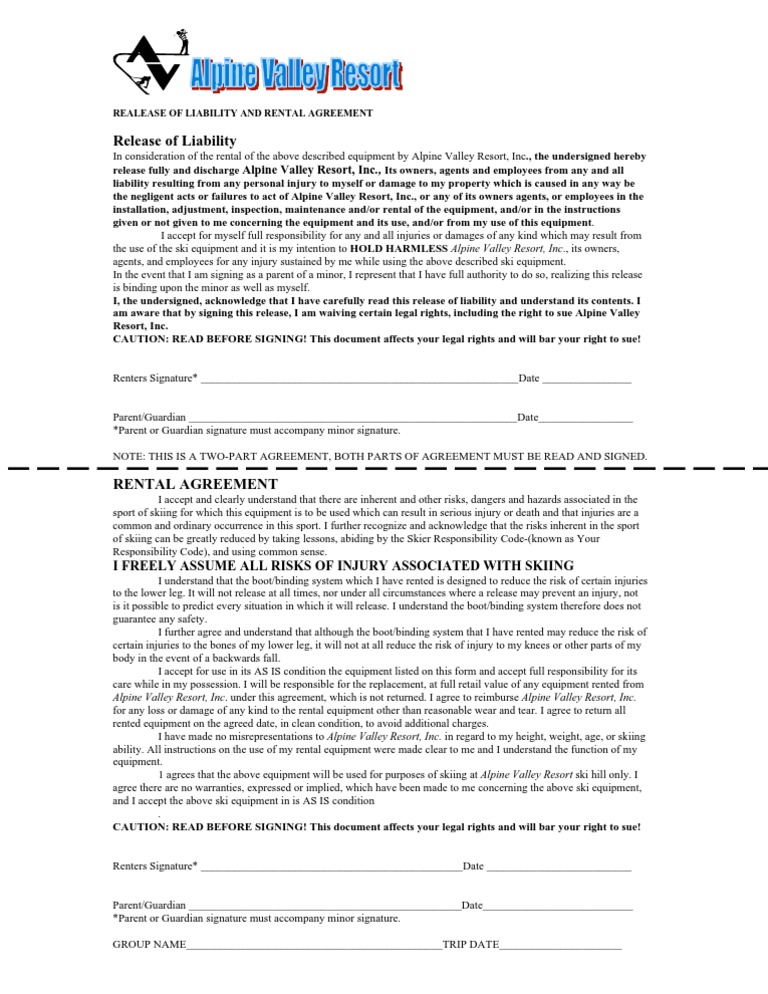 Alpine Valley Liability Release | Civil Law (Legal System) | Risk