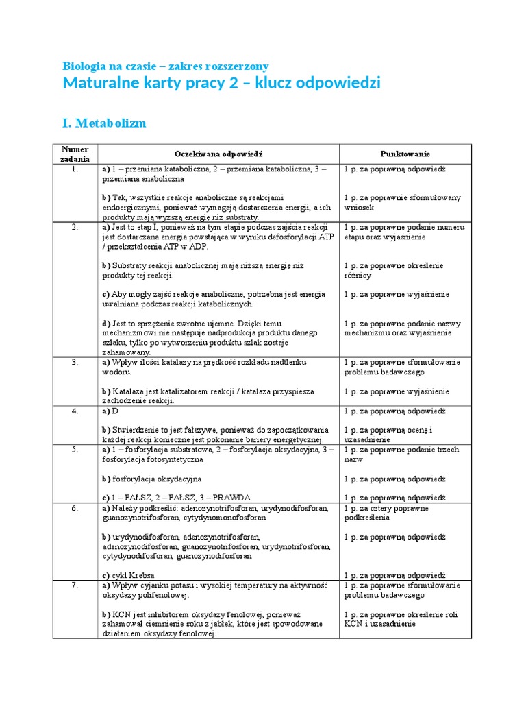 Biologia Na Czasie Maturalne Karty Pracy 1 Zakres Rozszerzony Odpowiedzi