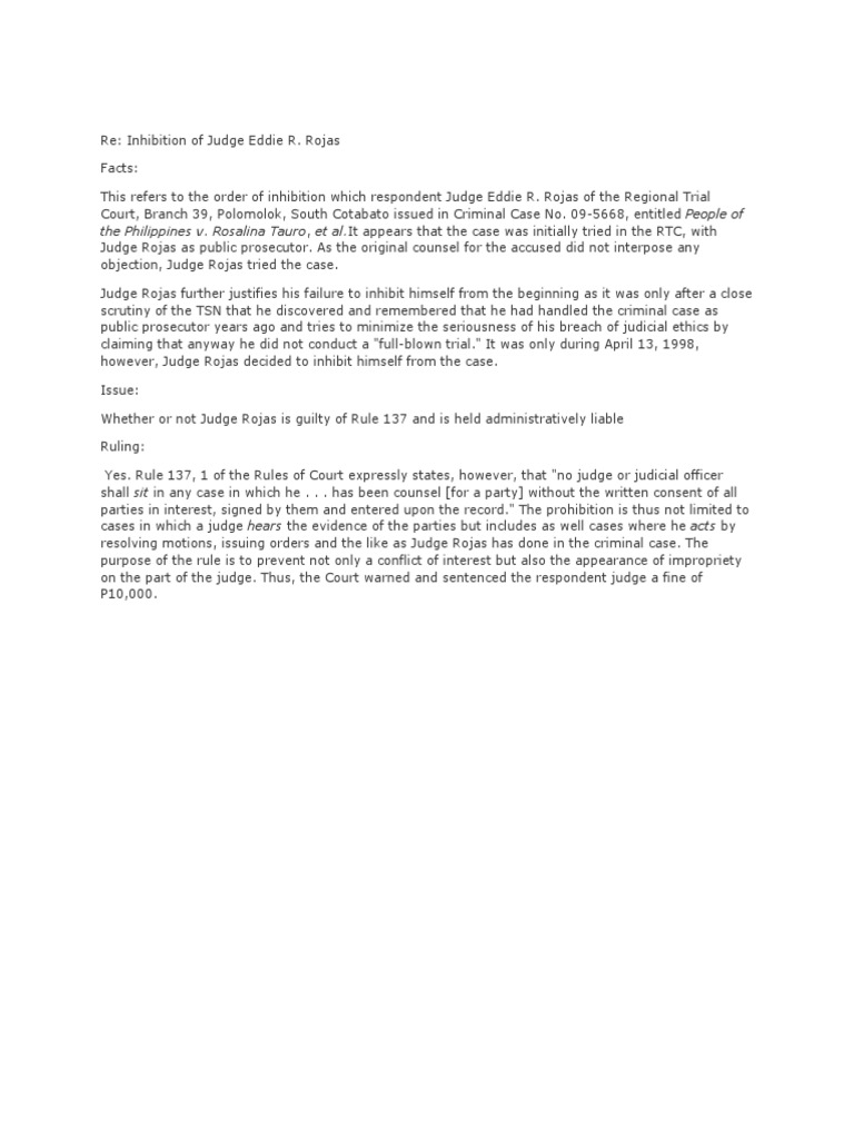 Judge Rojas' Inhibition Violation Ruling | PDF | Law
