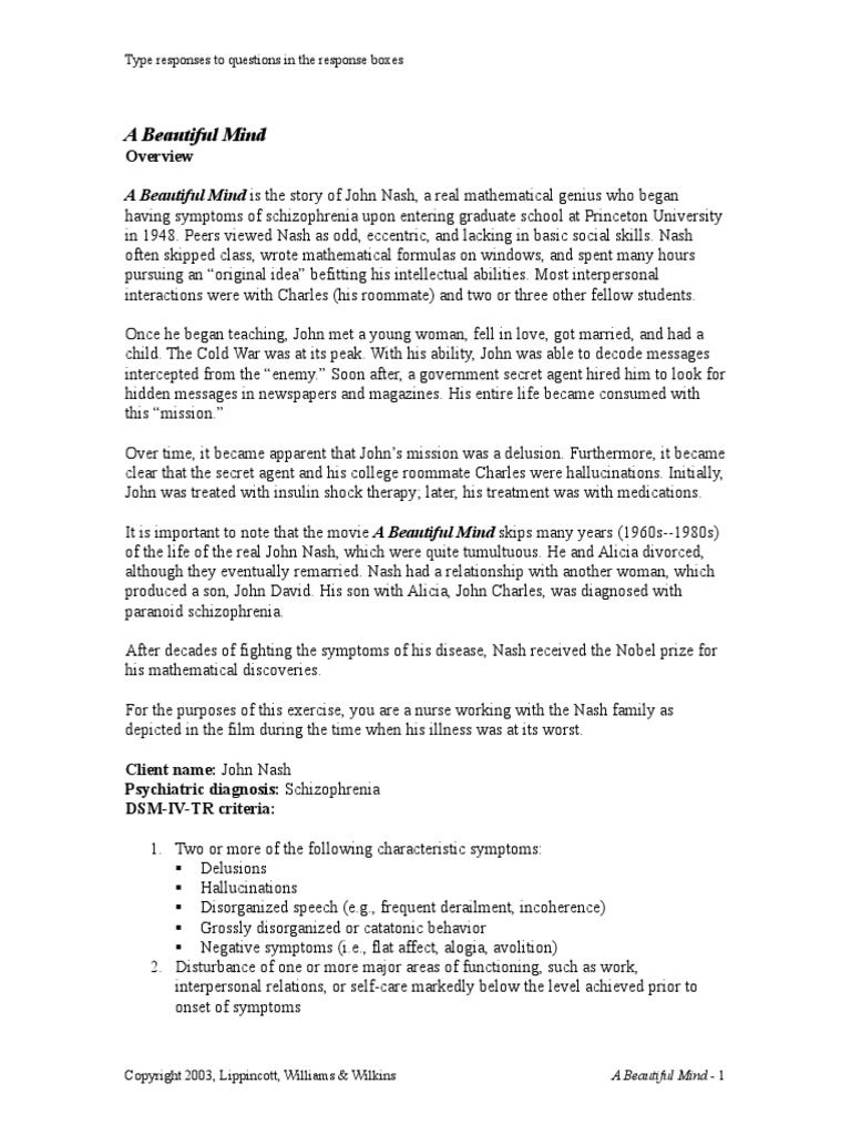 A Beautiful Mind Guide Questions Psychosis Schizophrenia