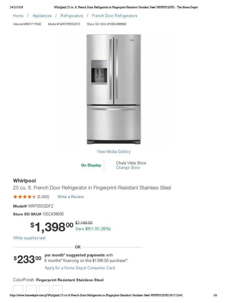Whirlpool 25 Cu. Ft. French Door Refrigerator in FingerprintResistant