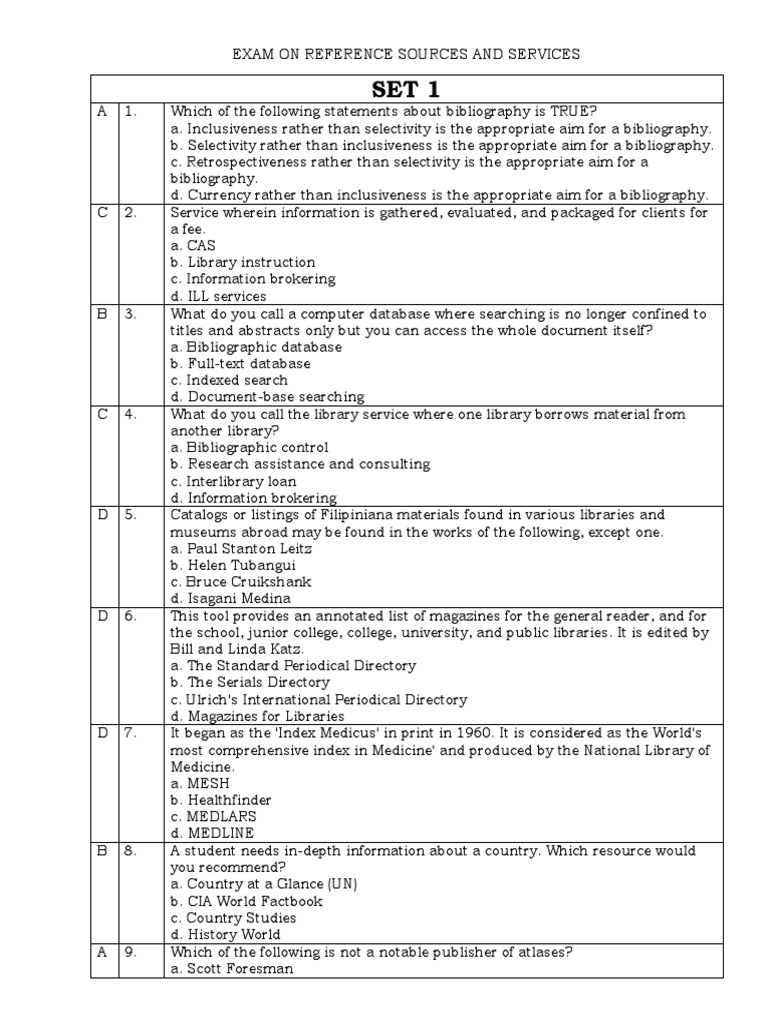Reference Sources and Services Exam | PDF | Bibliography | Librarian