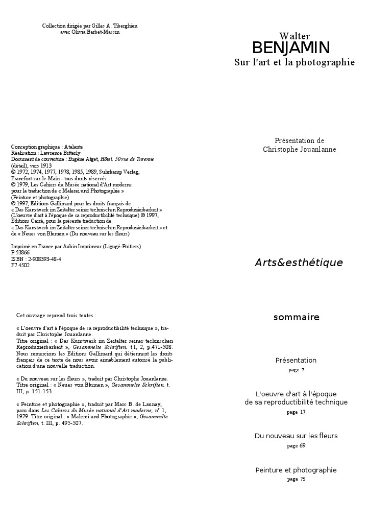 L oeuvre D art à L époque De Sa Reproductibilité Technique Pdf Walter BENJAMIN L'oeuvre D'art À L'époque de Sa Reproductibilité Technique  | PDF | Cinématographie | Gravure