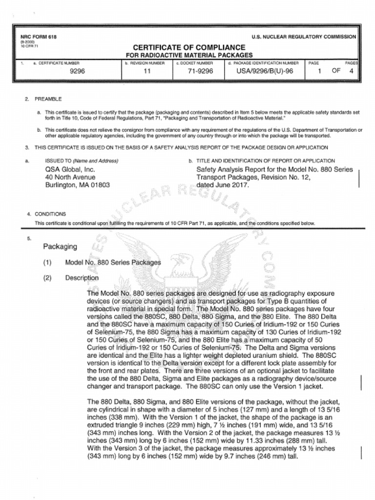 Certificate of Compliance For Radioactive Material Packages USA 9296 B