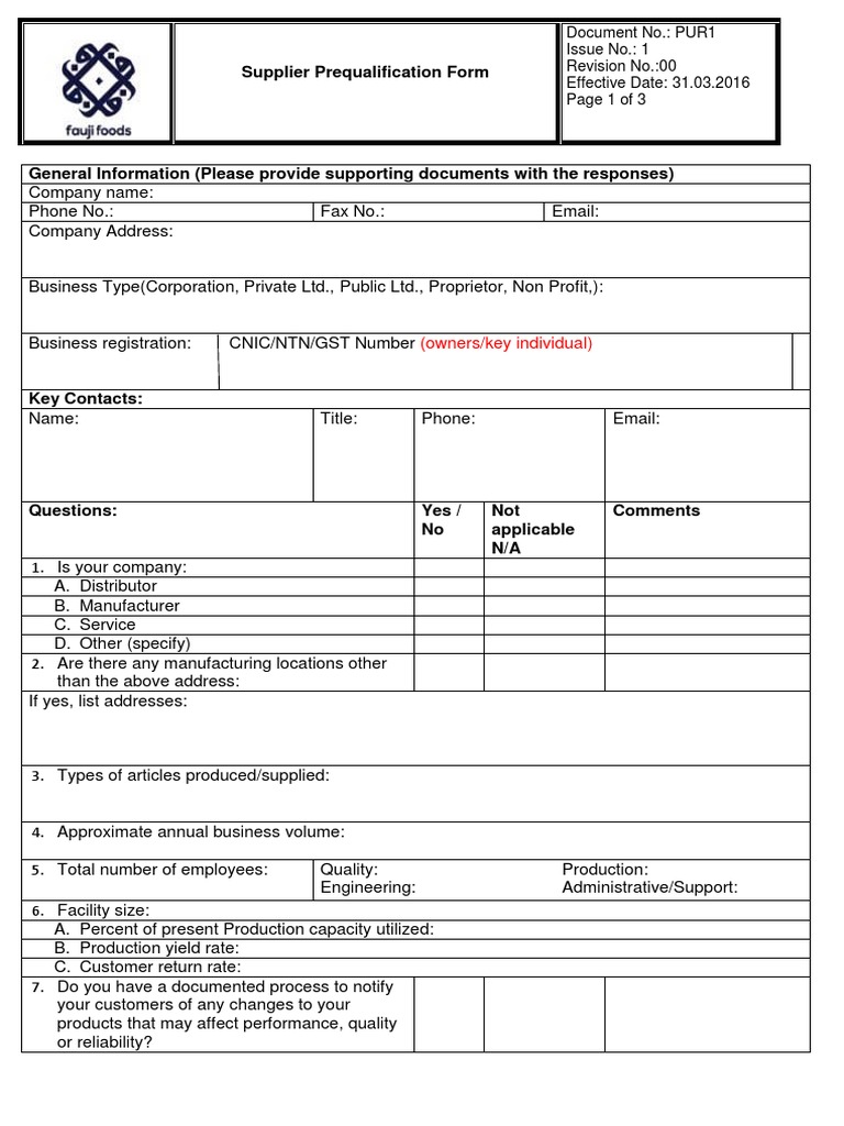 Supplier Pre Qualification Form PDF Business