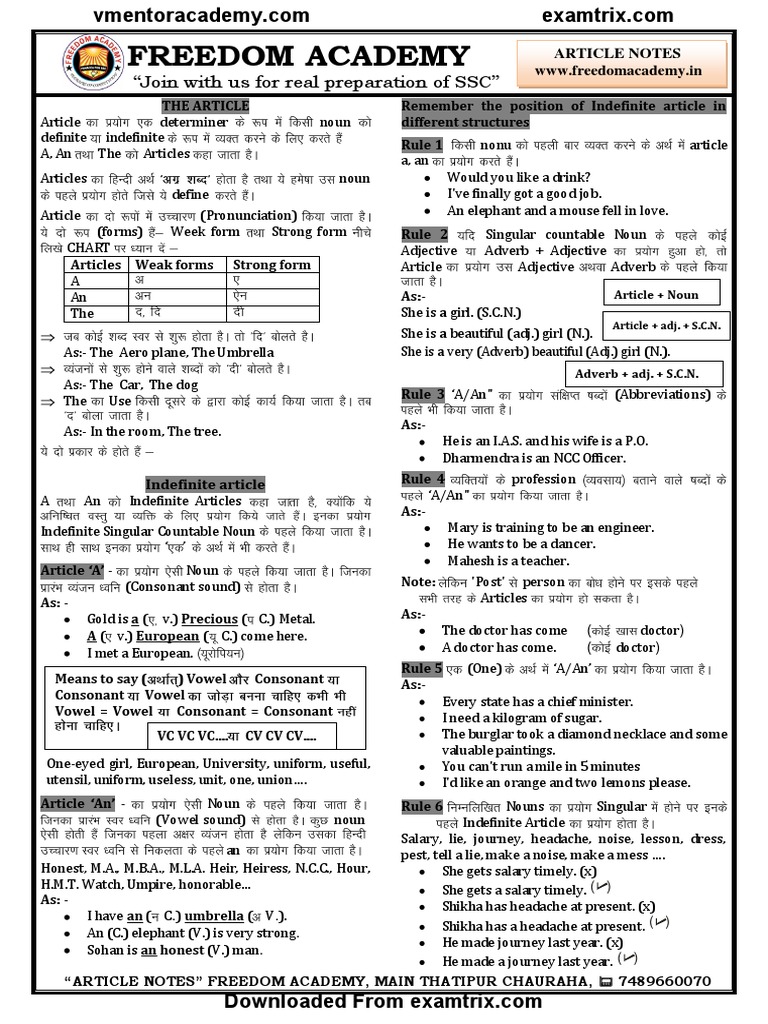 ARTICLE NOTES Exampdfnotes | PDF | Noun | Plural